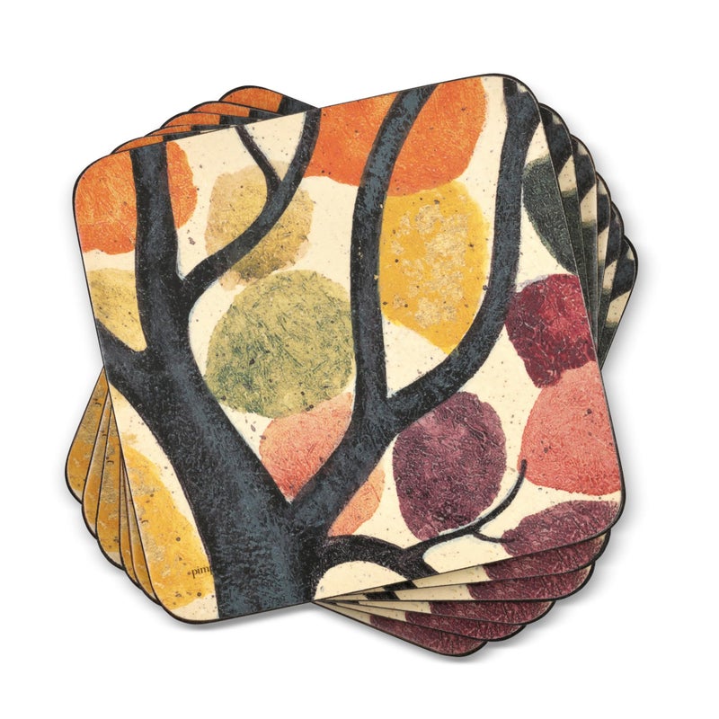 Pimpernel Dancing Branches Coasters, Set of 6 - 4"" Square Cork-Backed Board with Artistic Print, Heat & Stain Resistant to 212F, Lacquered Finish Table Protectors Designed in England - Image 1